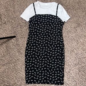 Black Floral Spaghetti-Strap Dress with White Tee Layered Look
